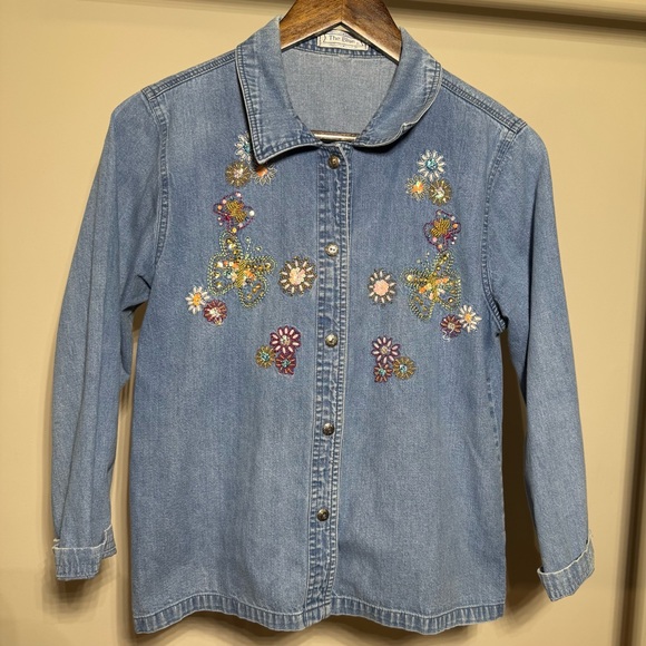 The Blue Tops - Vintage Denim Button-Up with Embroidered and Beaded Flowers and Butterflies Sz S
